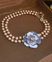 Classy Champagne Alloy Zircon Pearl Floral Gratuated Bead Necklace