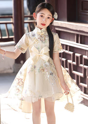 Classy Champagne Embroideried Tunic Low High Design Tulle Kids Long Dress Short Sleeve