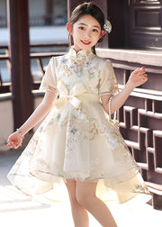 Classy Champagne Embroideried Tunic Low High Design Tulle Kids Long Dress Short Sleeve