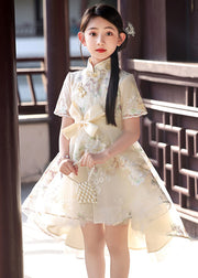 Classy Champagne Embroideried Tunic Low High Design Tulle Kids Long Dress Short Sleeve