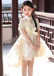 Classy Champagne Embroideried Tunic Low High Design Tulle Kids Long Dress Short Sleeve