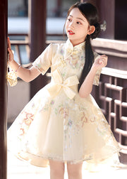 Classy Champagne Embroideried Tunic Low High Design Tulle Kids Long Dress Short Sleeve