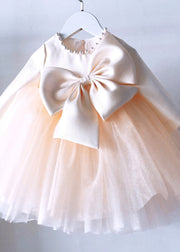 Classy Champagne Patchwork Bow Tulle Kids Long Dress Spring