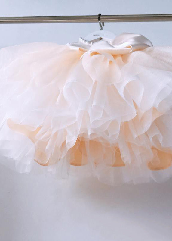 Classy Champagne Patchwork Bow Tulle Kids Long Dress Spring