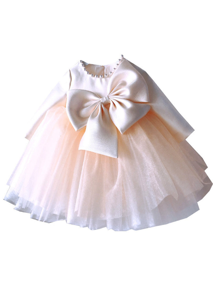 Classy Champagne Patchwork Bow Tulle Kids Long Dress Spring