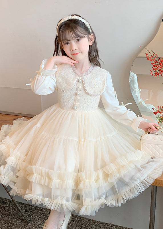 Classy Champagne Ruffled Nail Bead Tulle Patchwork Kids Maxi Dresses Fall