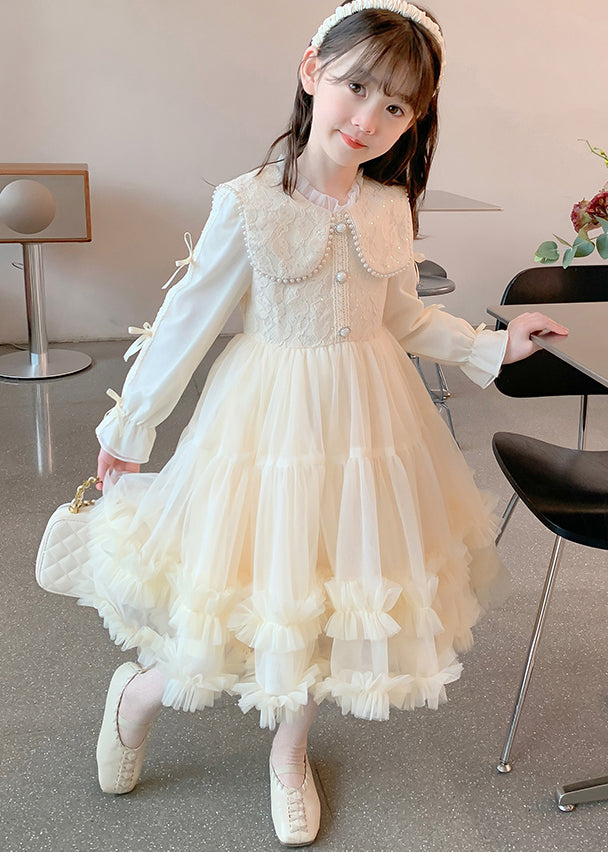 Classy Champagne Ruffled Nail Bead Tulle Patchwork Kids Maxi Dresses Fall