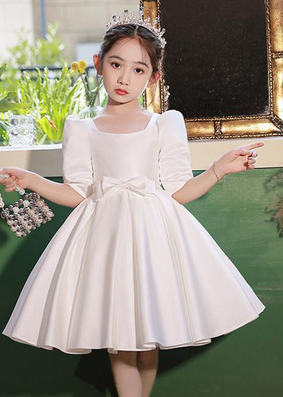 Classy Champagne Square Collar Bow Satin Kids Mid Dresses Half Sleeve