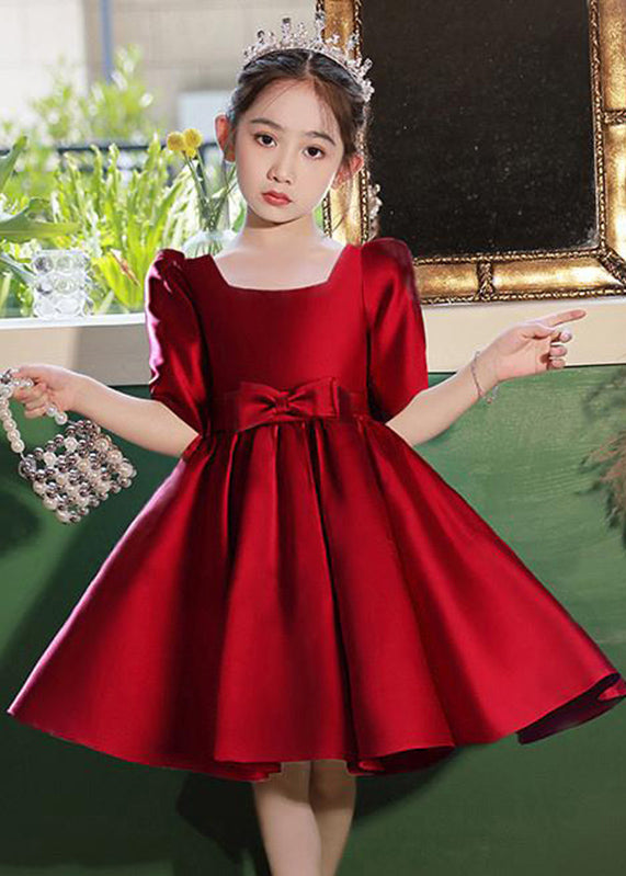 Classy Champagne Square Collar Bow Satin Kids Mid Dresses Half Sleeve