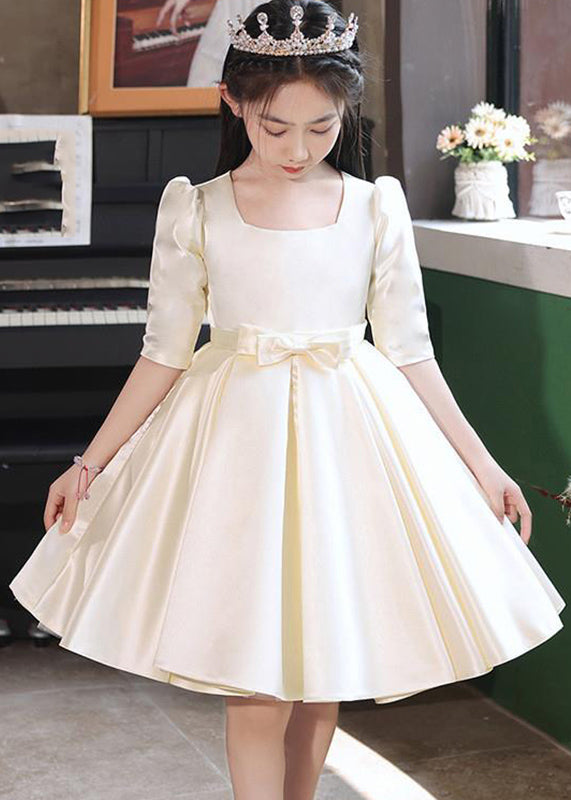 Classy Champagne Square Collar Bow Satin Kids Mid Dresses Half Sleeve