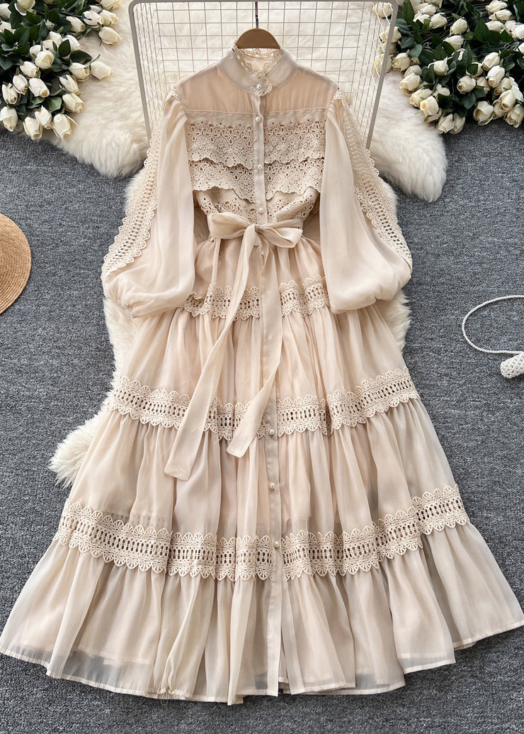 Classy Champagne Tie Waist Patchwork Lace Dresses Spring