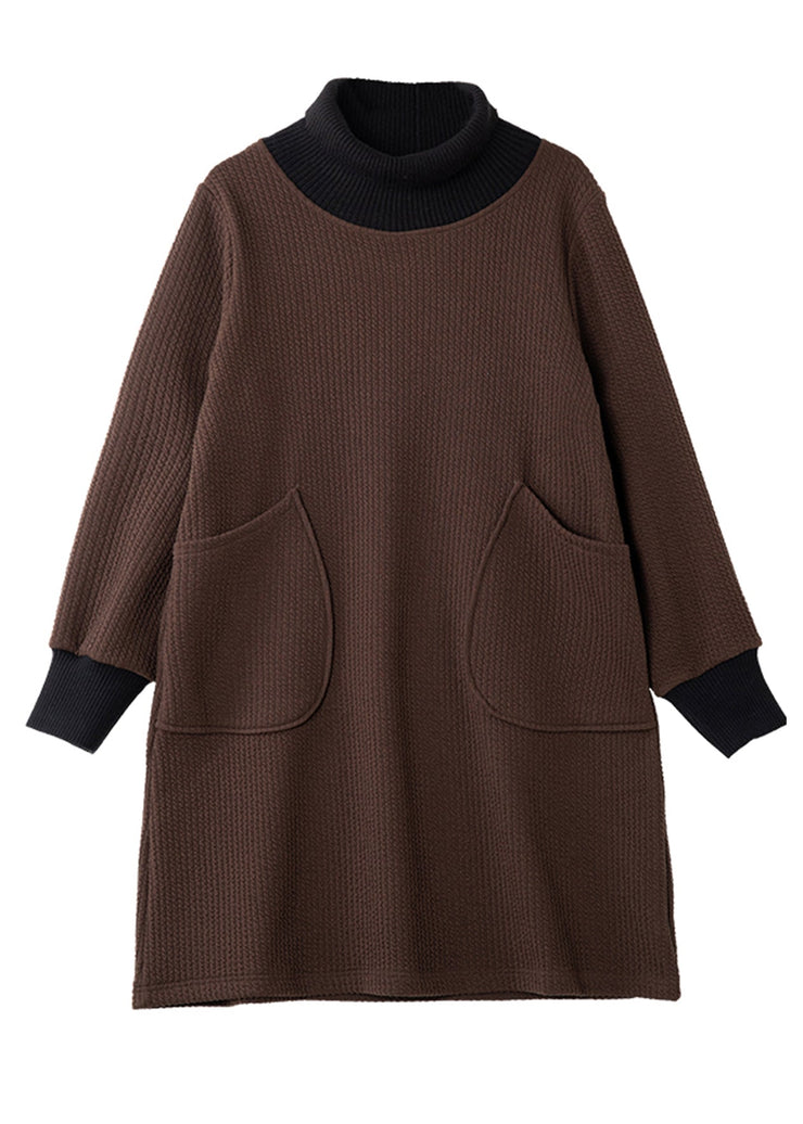 Classy Chocolate High Neck Patchwork Thick Knit Dress Spring