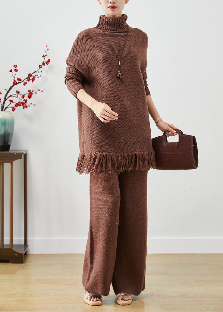 Classy Chocolate Tasseled Oversized Knit Two Pieces Set Fall