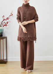 Classy Chocolate Tasseled Oversized Knit Two Pieces Set Fall