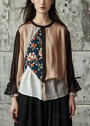 Classy Coffee Asymmetrical Patchwork Cotton Blouses Spring
