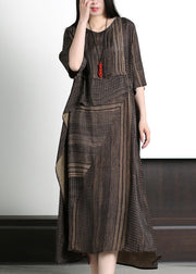 Classy Coffee Asymmetrical Striped Patchwork Silk Maxi Dresses Half Sleeve