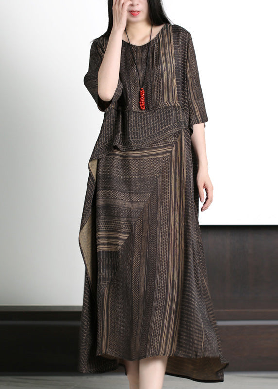 Classy Coffee Asymmetrical Striped Patchwork Silk Maxi Dresses Half Sleeve