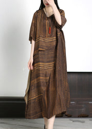 Classy Coffee Asymmetrical Striped Patchwork Silk Maxi Dresses Half Sleeve