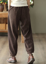 Classy Coffee Elastic Waist Pockets Warm Fleece Pants Winter