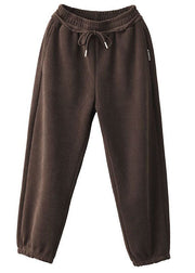 Classy Coffee Elastic Waist Pockets Warm Fleece Pants Winter