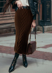 Classy Coffee High Waist Cable Knit Maxi Skirts Winter