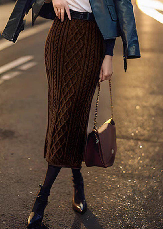 Classy Coffee High Waist Cable Knit Maxi Skirts Winter