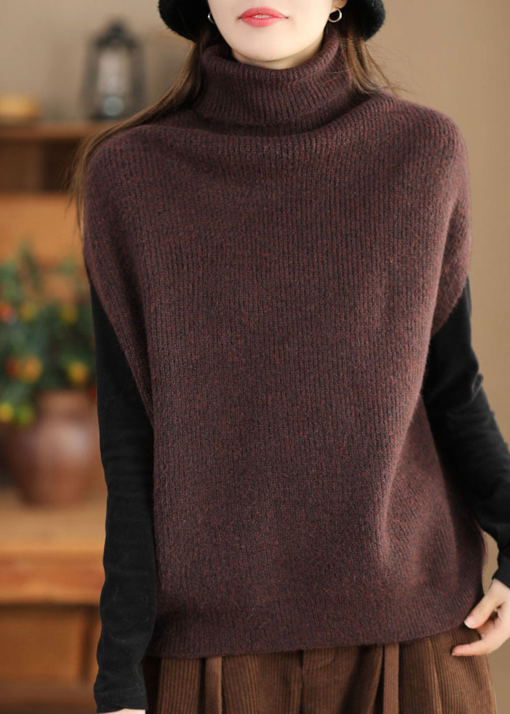 Classy Coffee Hign Neck Woolen Vest Tops Sleeveless