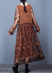 Classy Coffee Lace Embroideried Patchwork Dresses Spring