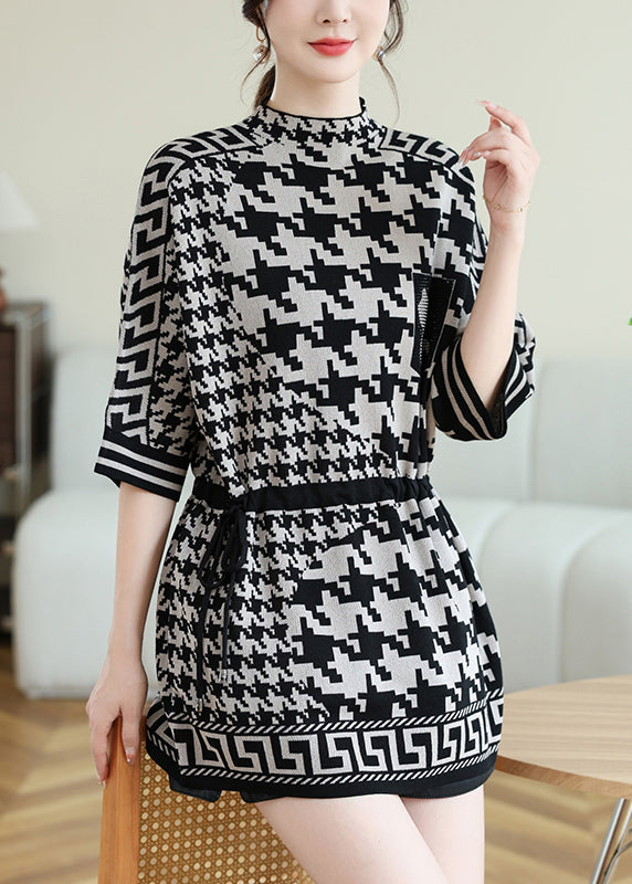 Classy Coffee O Neck Print Drawstring Knit Top Spring