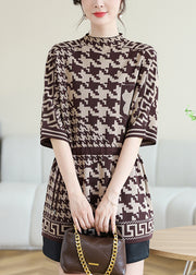 Classy Coffee O Neck Print Drawstring Knit Top Spring