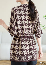 Classy Coffee O Neck Print Drawstring Knit Top Spring