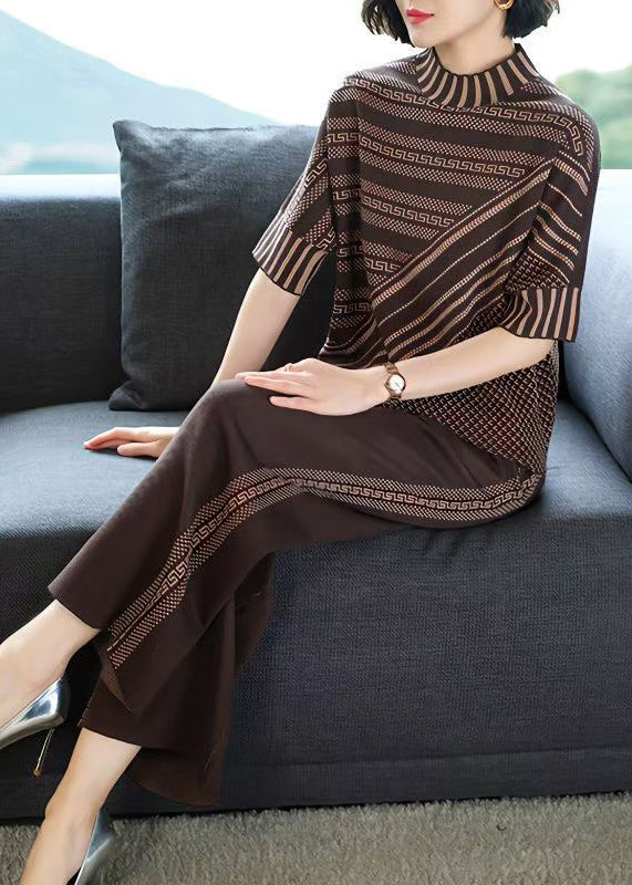 Classy Coffee O Neck Striped Ice Silk Knit Two Pieces Set Spring