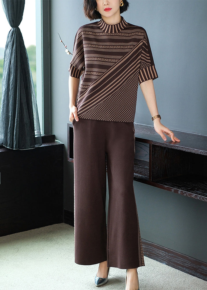 Classy Coffee O Neck Striped Ice Silk Knit Two Pieces Set Spring