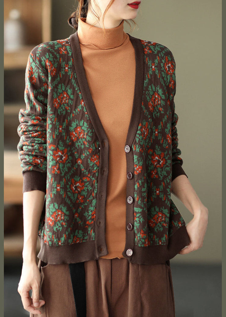 Classy Coffee Oversized Print Knit Cardigan Spring