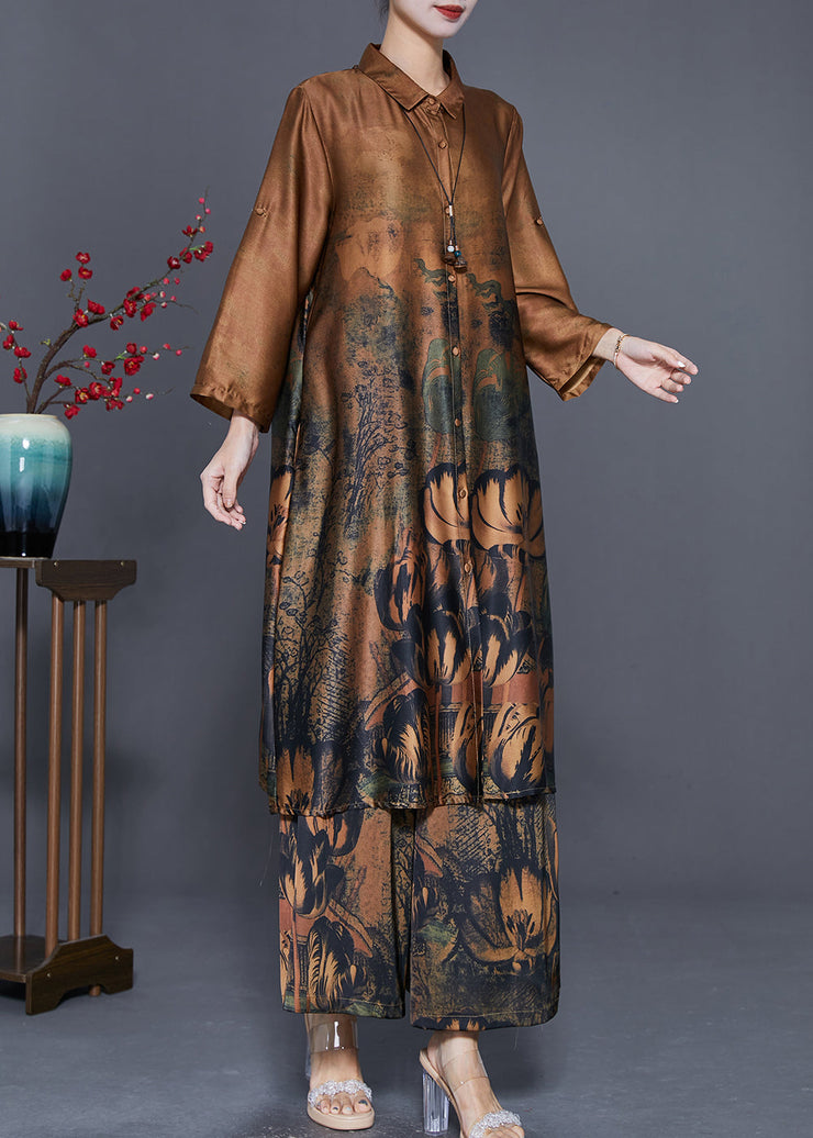 Classy Coffee Oversized Print Silk Long Shirt And Straight Pant Two Piece Set Fall