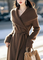 Classy Coffee Peter Pan Collar Tie Waist Knit Sweaters Dress Spring