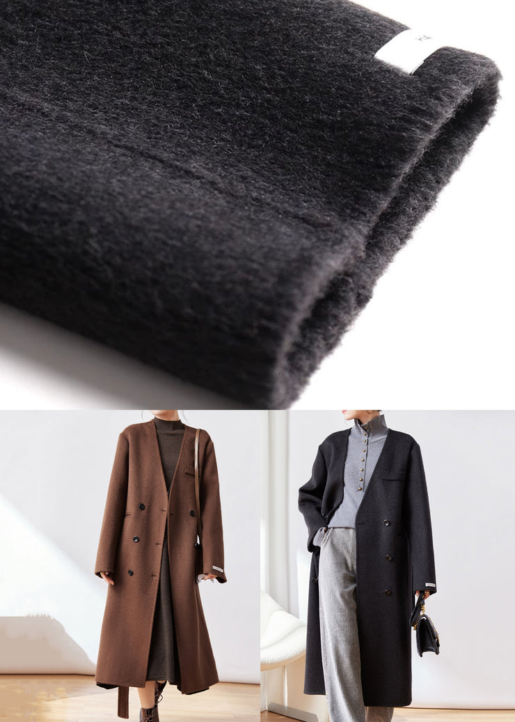 Classy Coffee Pockets Tie Waist Woolen Coats Winter