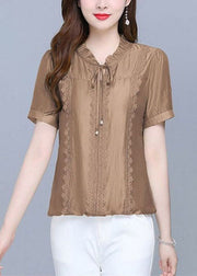 Classy Coffee Ruffled Lace Patchwork Cotton Blouse Tops Summer