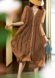 Classy Coffee V Neck Crystal Wrinkled Patchwork Chiffon Dress Summer