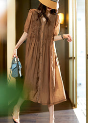 Classy Coffee V Neck Crystal Wrinkled Patchwork Chiffon Dress Summer