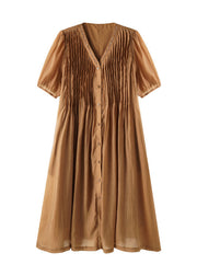 Classy Coffee V Neck Crystal Wrinkled Patchwork Chiffon Dress Summer