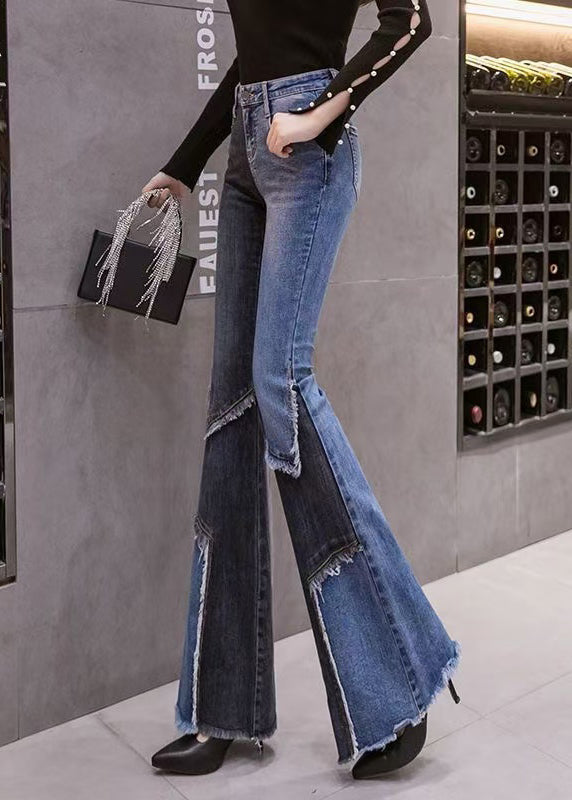 Classy Colorblock Asymmetrical Patchwork Denim Flared Trousers Spring