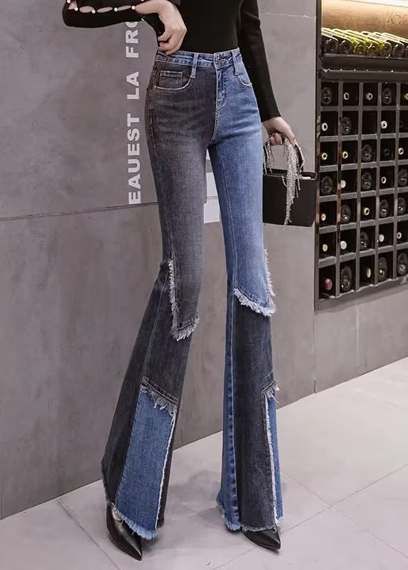 Classy Colorblock Asymmetrical Patchwork Denim Flared Trousers Spring