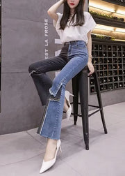 Classy Colorblock Asymmetrical Patchwork Denim Flared Trousers Spring