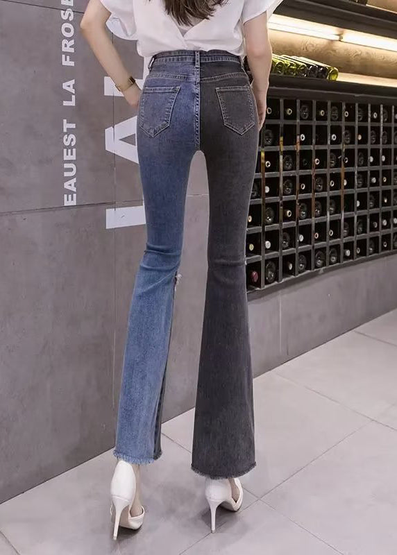 Classy Colorblock Asymmetrical Patchwork Denim Flared Trousers Spring