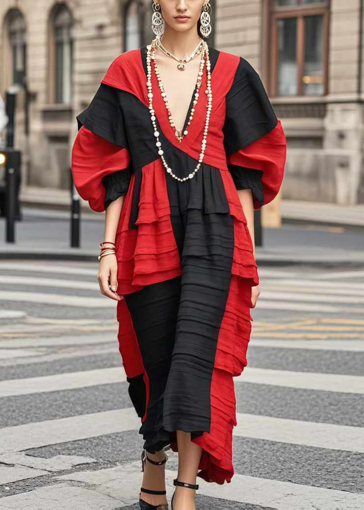 Classy Colorblock Asymmetrical Patchwork Wrinkled Long Dresses