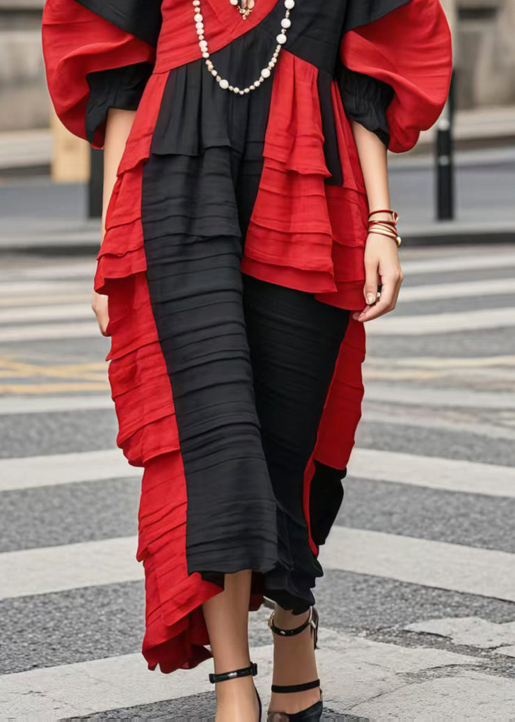 Classy Colorblock Asymmetrical Patchwork Wrinkled Long Dresses