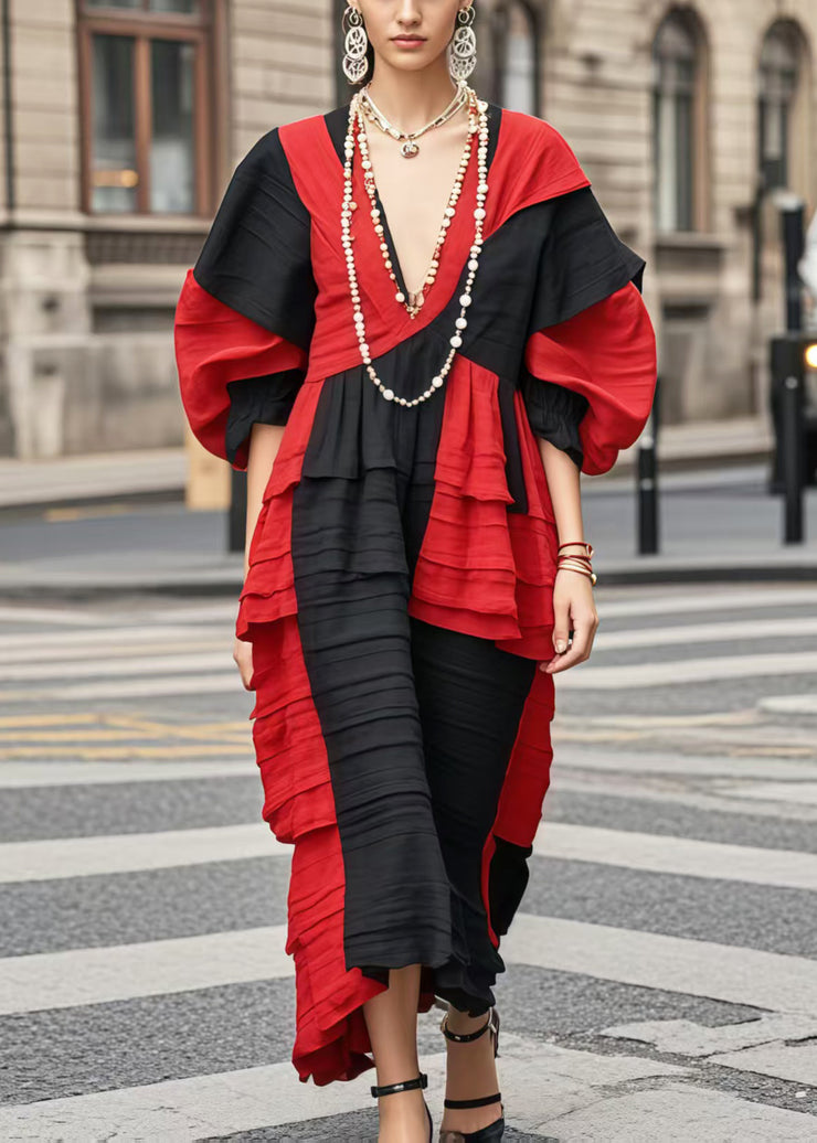 Classy Colorblock Asymmetrical Patchwork Wrinkled Long Dresses