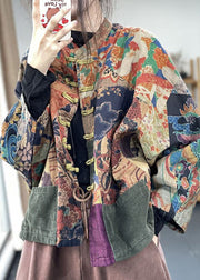 Classy Colorblock Oversized Patchwork Print Fine Cotton Filled Jacket Batwing Sleeve