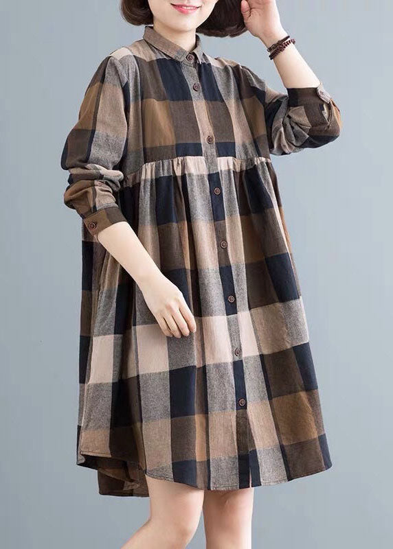 Classy Colorblock Peter Pan Collar Plaid Cotton Shirts Dress Spring